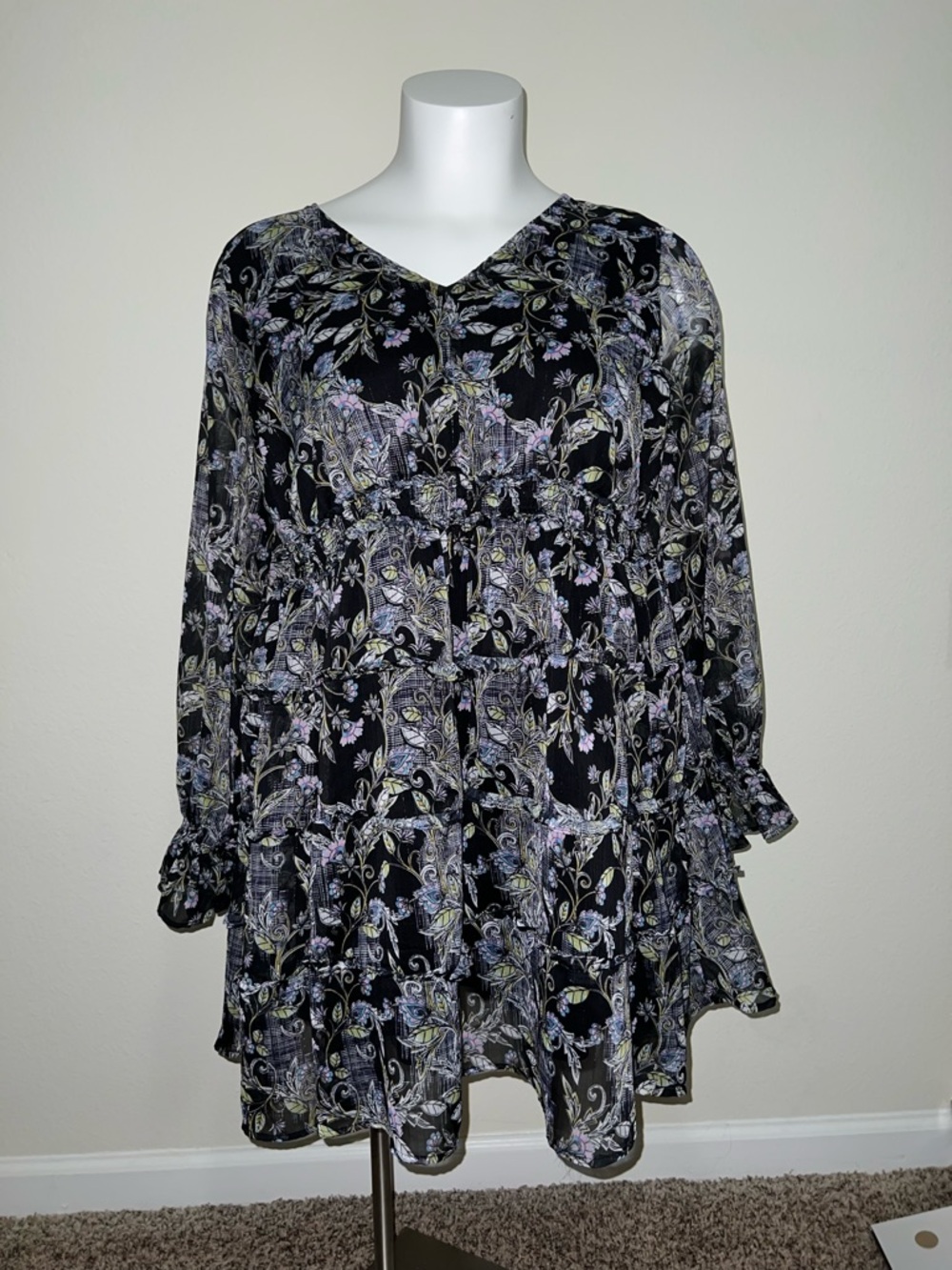 Torrid Black Floral Long-Sleeve Tiered Dress with Lavender and Green Print